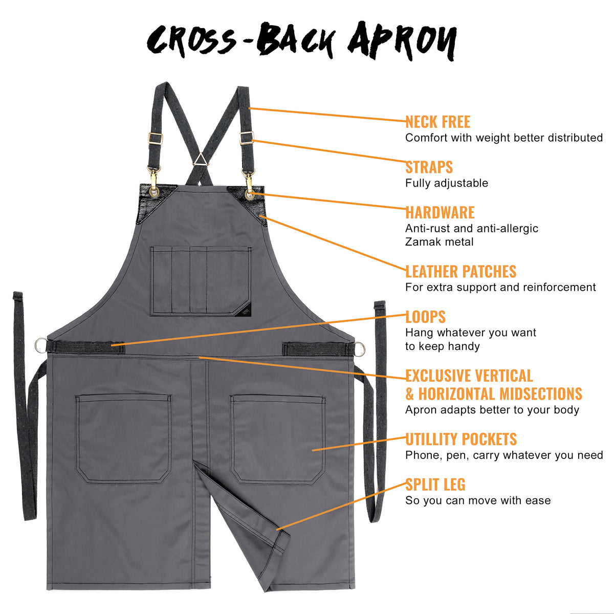 Chef Aprons - CrossBack, Leather Trim, Split - Chef, Bartender, BBQ, Shop, Barber, Salon - Under NY Sky