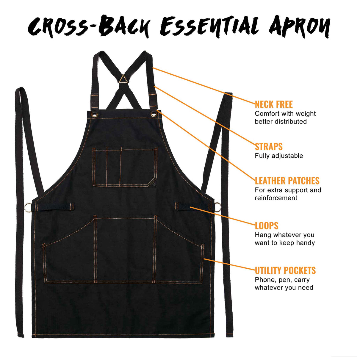 Work Apron - Professional Denim &amp; Twill, Leather Trim, CrossBack, Chef, Bartender, Shop, Server - Under NY Sky