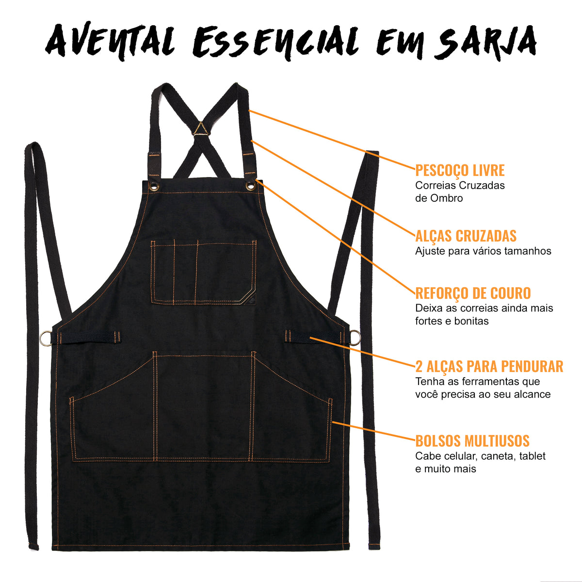 Avental de Trabalho – Jeans ou Sarja Profissional, Acabamento em Couro, Alças Cruzadas, Chef, Bartender, Comércio, Garçom - Under NY Sky