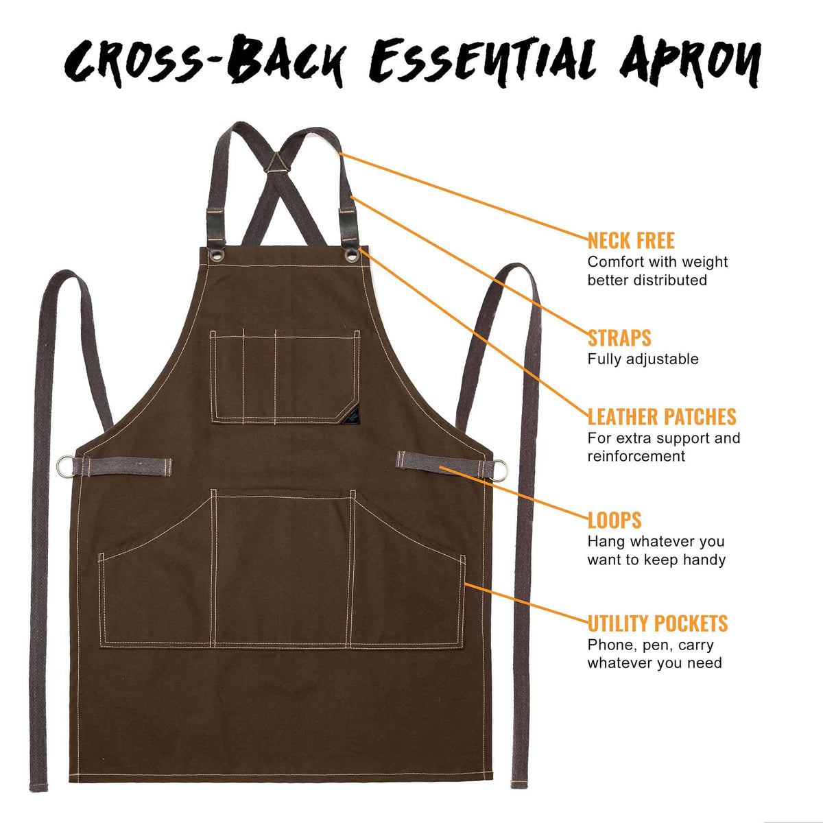 Work Apron - Professional Denim &amp; Twill, Leather Trim, CrossBack, Chef, Bartender, Shop, Server - Under NY Sky