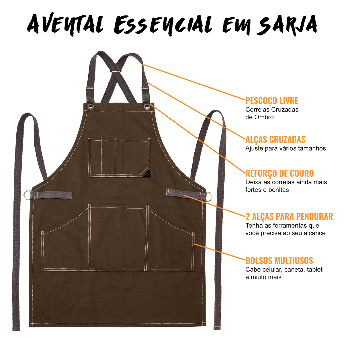 Avental de Trabalho – Jeans ou Sarja Profissional, Acabamento em Couro, Alças Cruzadas, Chef, Bartender, Comércio, Garçom - Under NY Sky