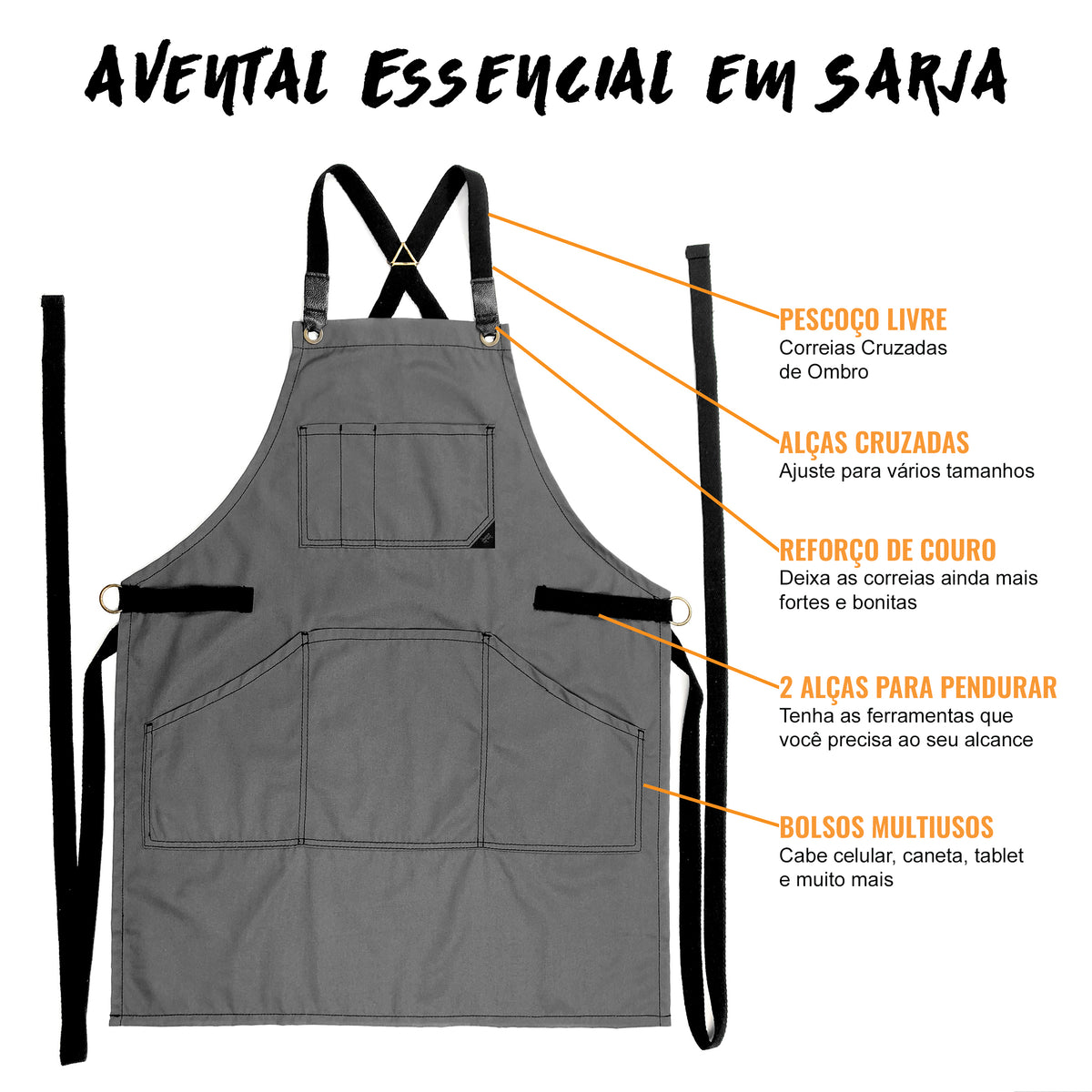 Avental de Trabalho – Jeans ou Sarja Profissional, Acabamento em Couro, Alças Cruzadas, Chef, Bartender, Comércio, Garçom - Under NY Sky