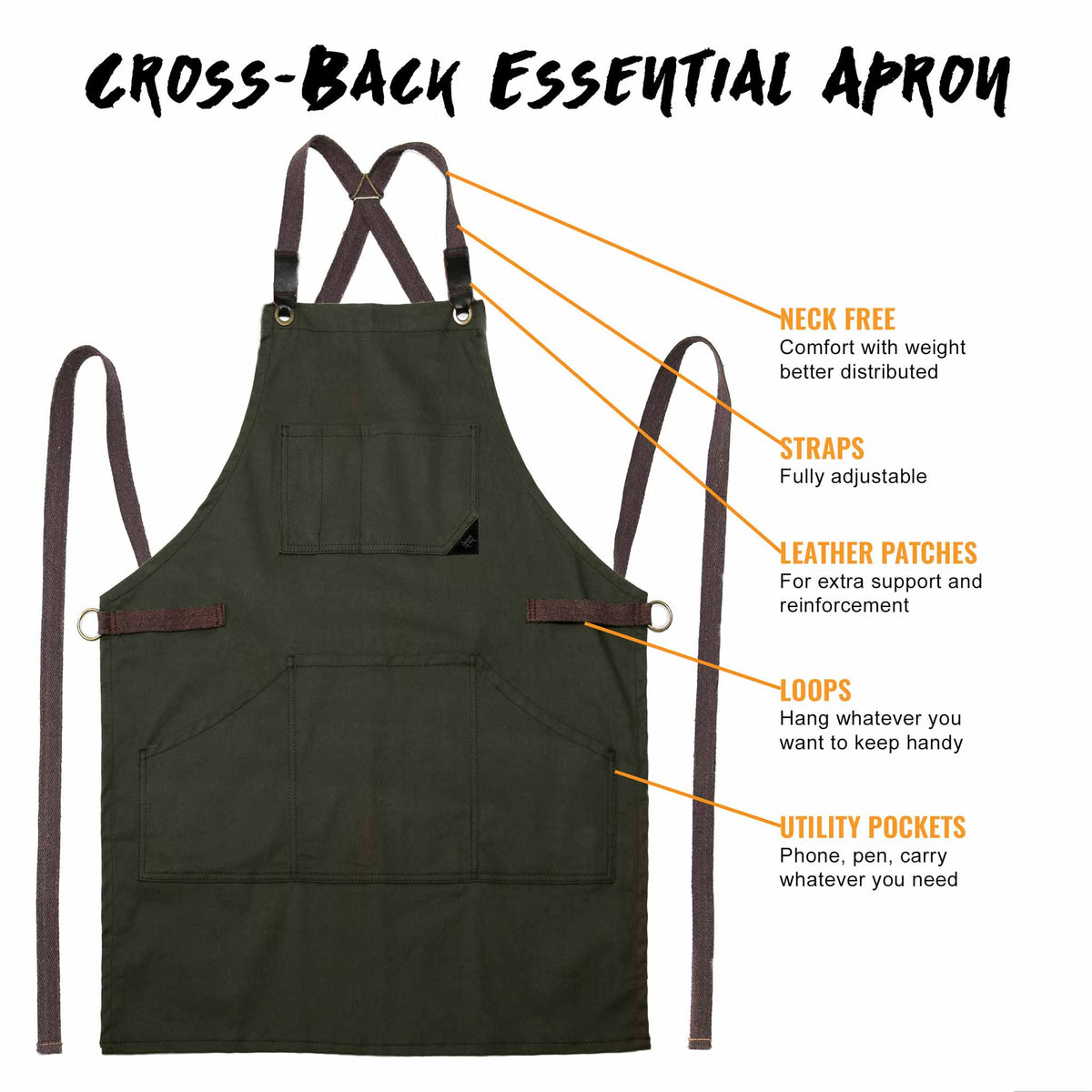 Work Apron - Professional Denim &amp; Twill, Leather Trim, CrossBack, Chef, Bartender, Shop, Server - Under NY Sky