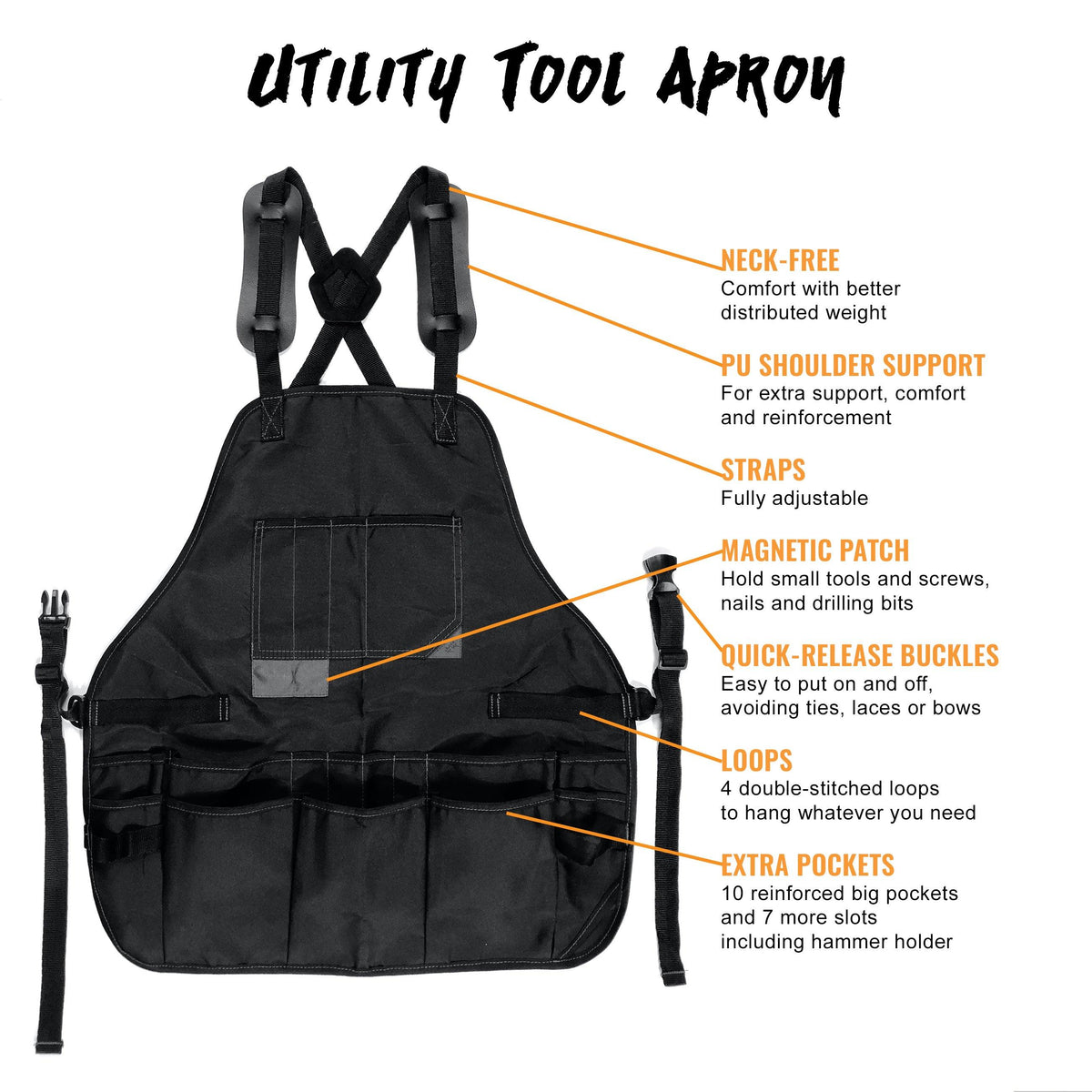 Tool Apron - Magnetic Holder, 18 Pockets, CrossBack, Oxford Canvas - Woodworker, Electrician - Under NY Sky