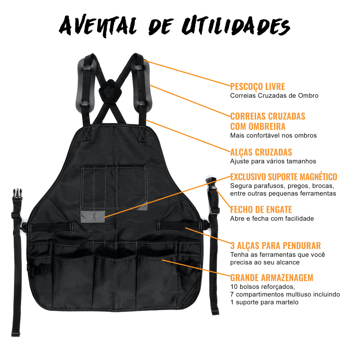 Avental de Ferramentas - Suporte Magnético, 18 Bolsos, Alças Cruzadas, Lona Oxford - Marceneiro, Eletricista - Under NY Sky