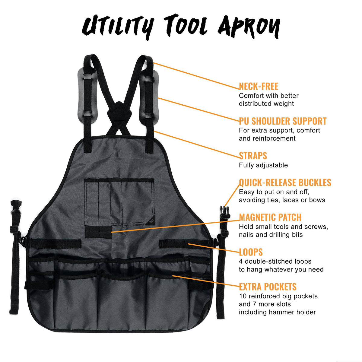 Tool Apron - Magnetic Holder, 18 Pockets, CrossBack, Oxford Canvas - Woodworker, Electrician - Under NY Sky