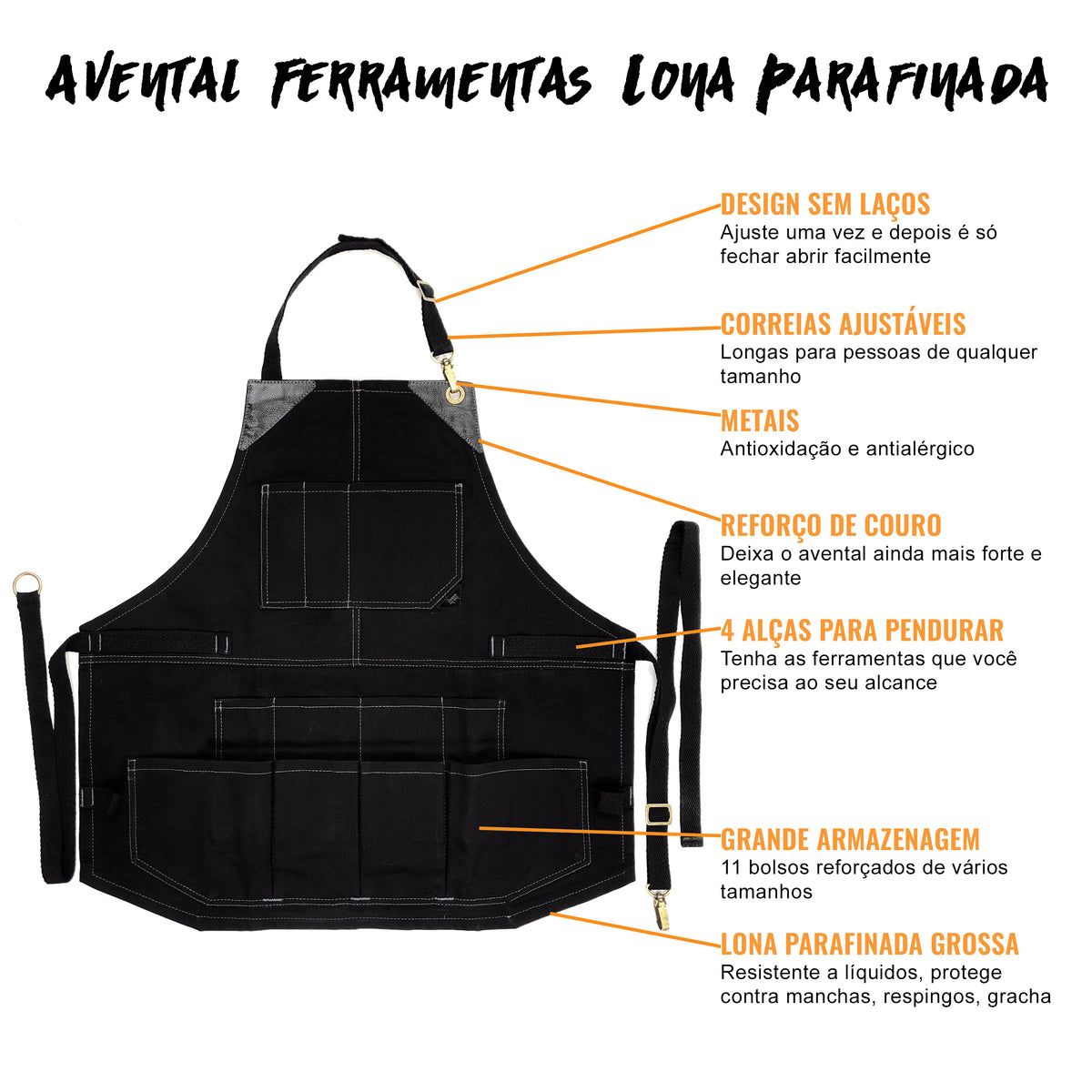 Avental de Ferramentas - 12 Bolsos, Lona Encerada Resistente, Reforço em Couro, Sem laços - Carpinteiro, Jardim, Comércio - Under NY Sky