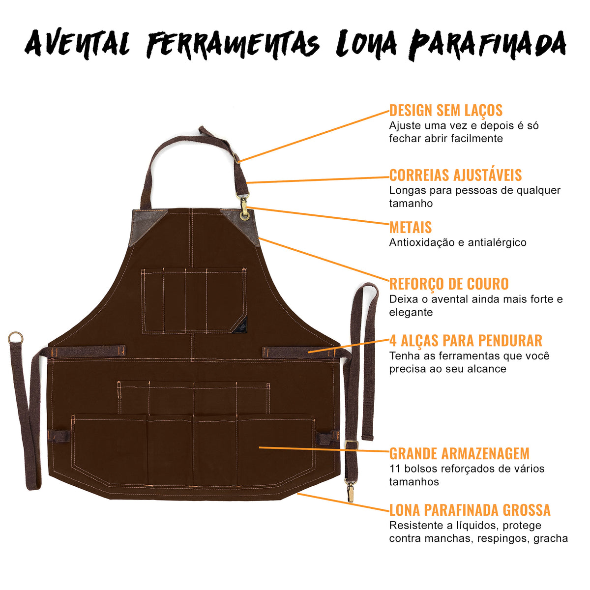 Avental de Ferramentas - 12 Bolsos, Lona Encerada Resistente, Reforço em Couro, Sem laços - Carpinteiro, Jardim, Comércio - Under NY Sky