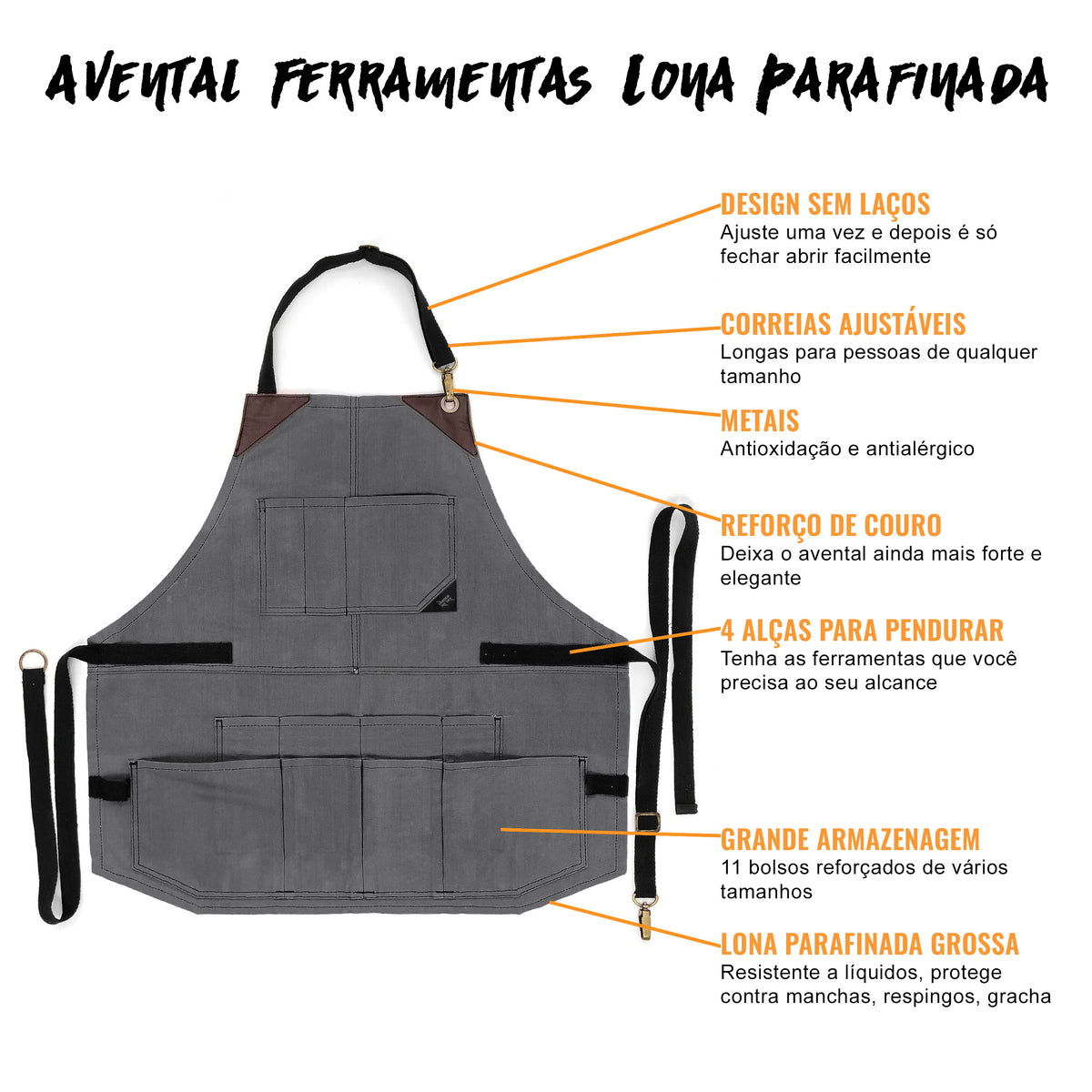 Avental de Ferramentas - 12 Bolsos, Lona Encerada Resistente, Reforço em Couro, Sem laços - Carpinteiro, Jardim, Comércio - Under NY Sky