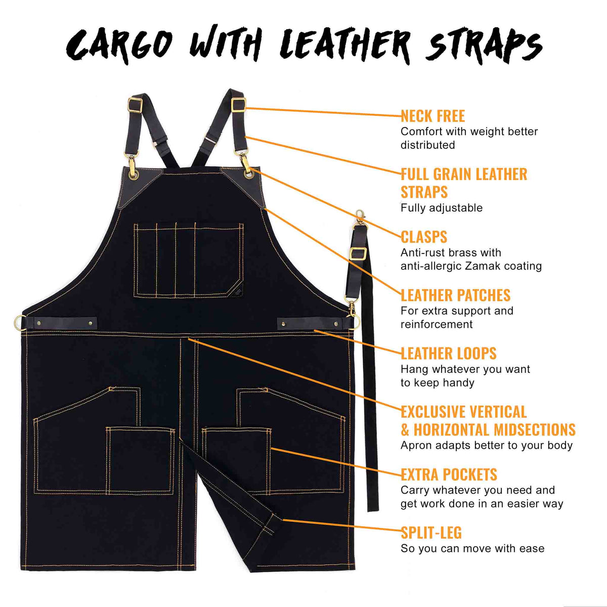 Leather Straps Apron - Denim or Waxed Canvas, CrossBack, Easy-Fastening - Carpenter, Shop, Work - Under NY Sky