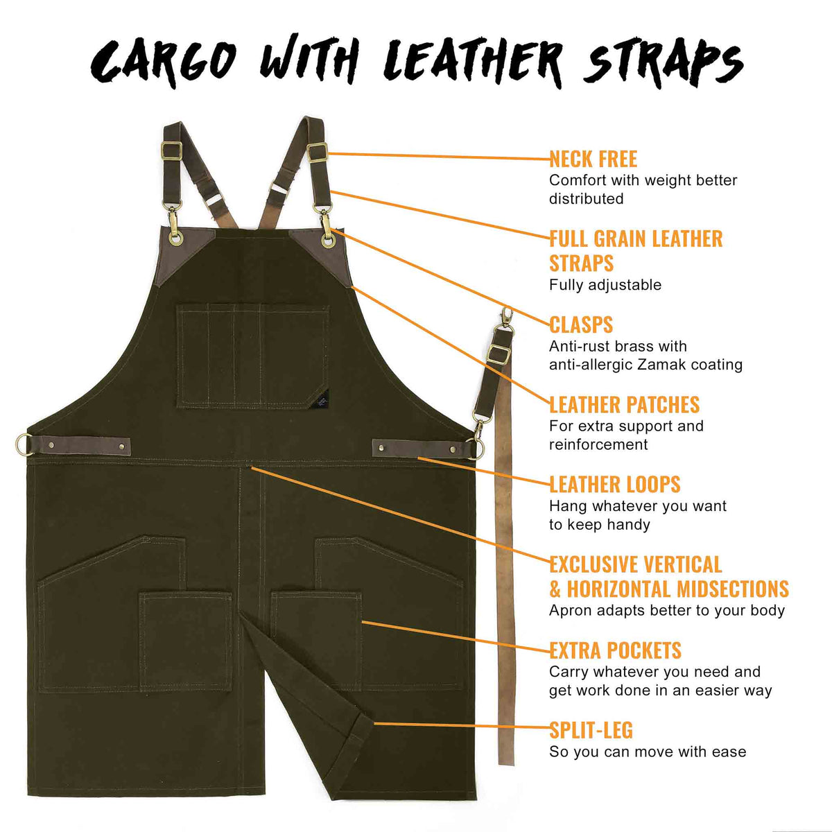 Leather Straps Apron - Denim or Waxed Canvas, CrossBack, Easy-Fastening - Carpenter, Shop, Work - Under NY Sky