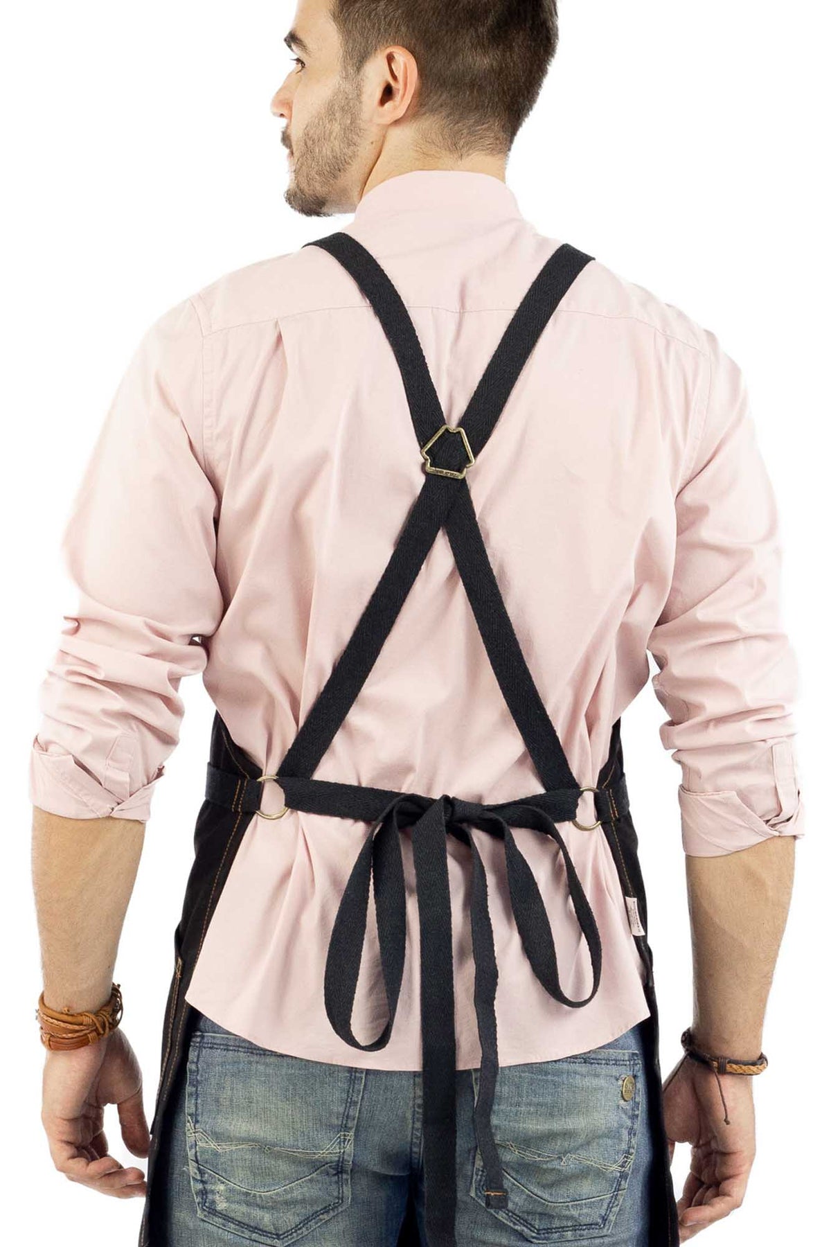 Work Apron - Professional Denim &amp; Twill, Leather Trim, CrossBack, Chef, Bartender, Shop, Server - Under NY Sky