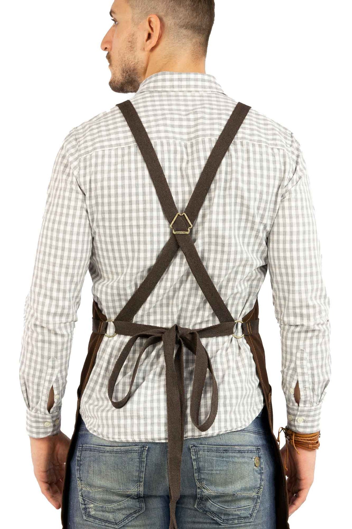 Work Apron - Professional Denim &amp; Twill, Leather Trim, CrossBack, Chef, Bartender, Shop, Server - Under NY Sky