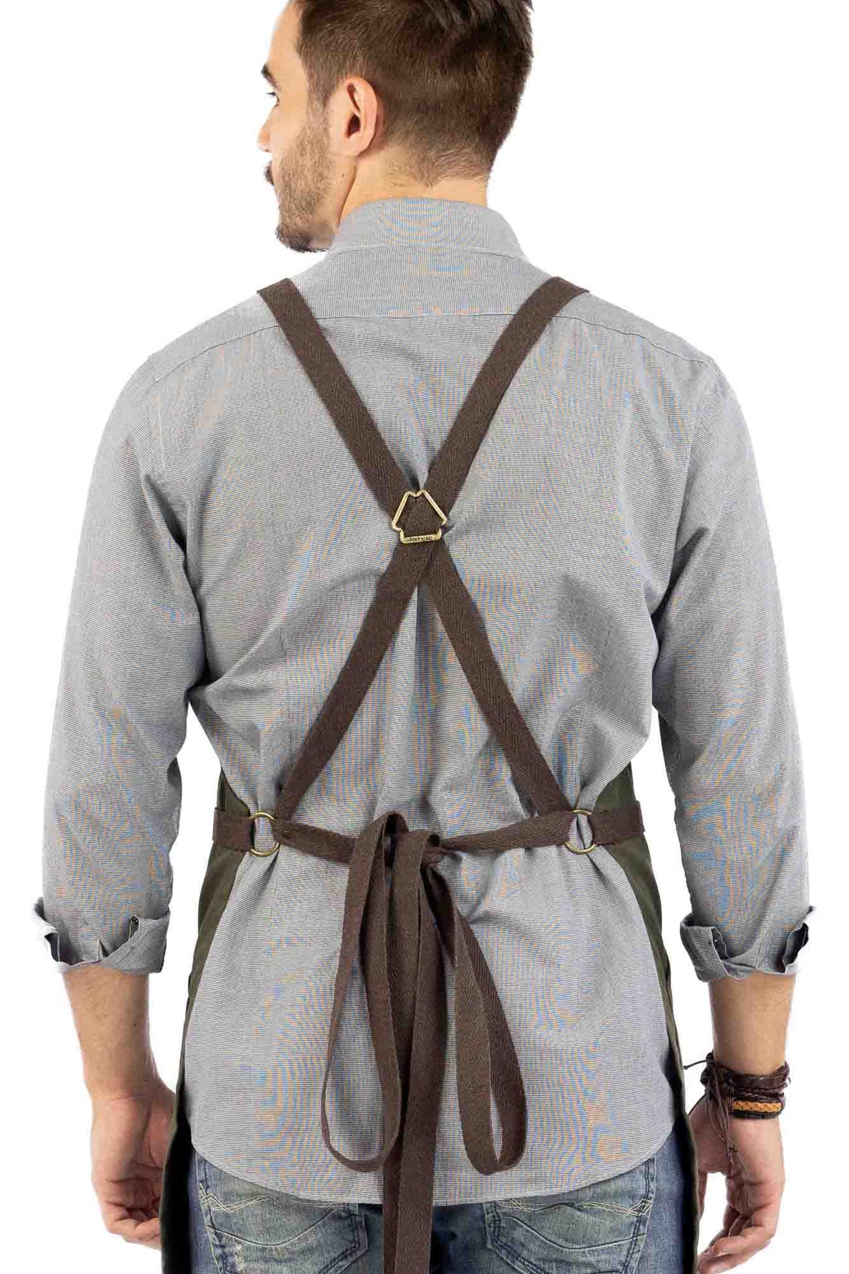 Work Apron - Professional Denim &amp; Twill, Leather Trim, CrossBack, Chef, Bartender, Shop, Server - Under NY Sky