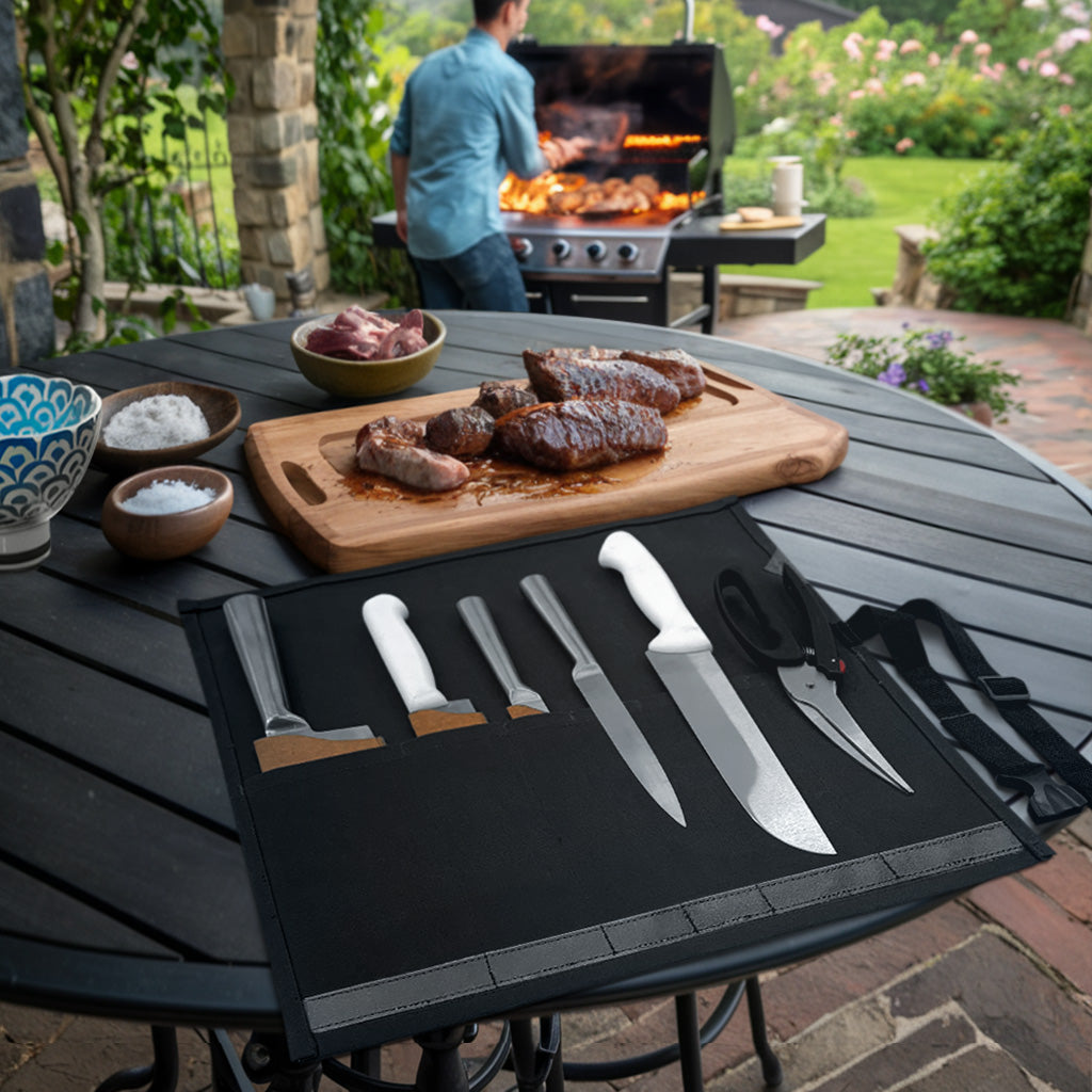 Estojo Porta Facas - 1, 2, 3, 4 ou 6 Bolsos - Bolsa Portátil em Lona Parafinada para Ferramentas de Cozinha, Utensílios, Case Rolo para Facas - Chefs, Grill, Churrasco -  Under NY Sky