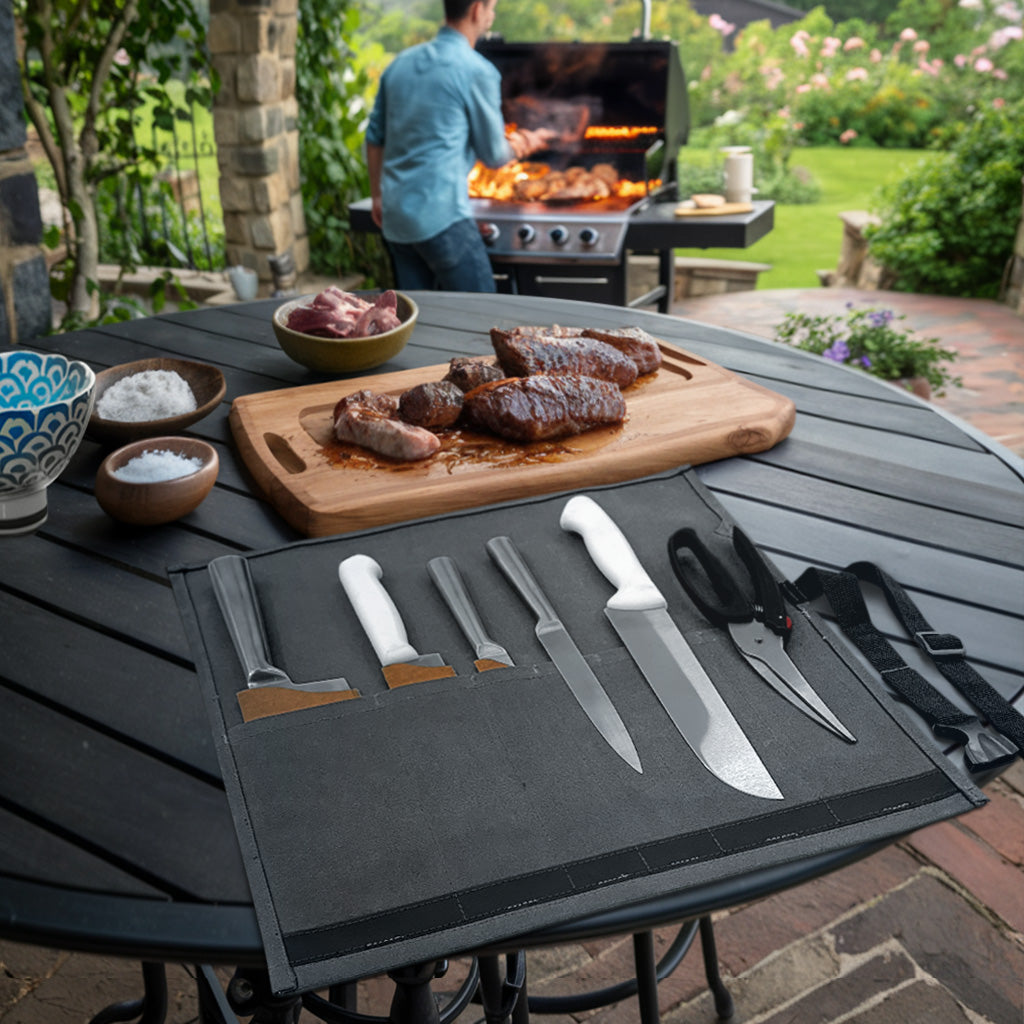 Estojo Porta Facas - 1, 2, 3, 4 ou 6 Bolsos - Bolsa Portátil em Lona Parafinada para Ferramentas de Cozinha, Utensílios, Case Rolo para Facas - Chefs, Grill, Churrasco -  Under NY Sky