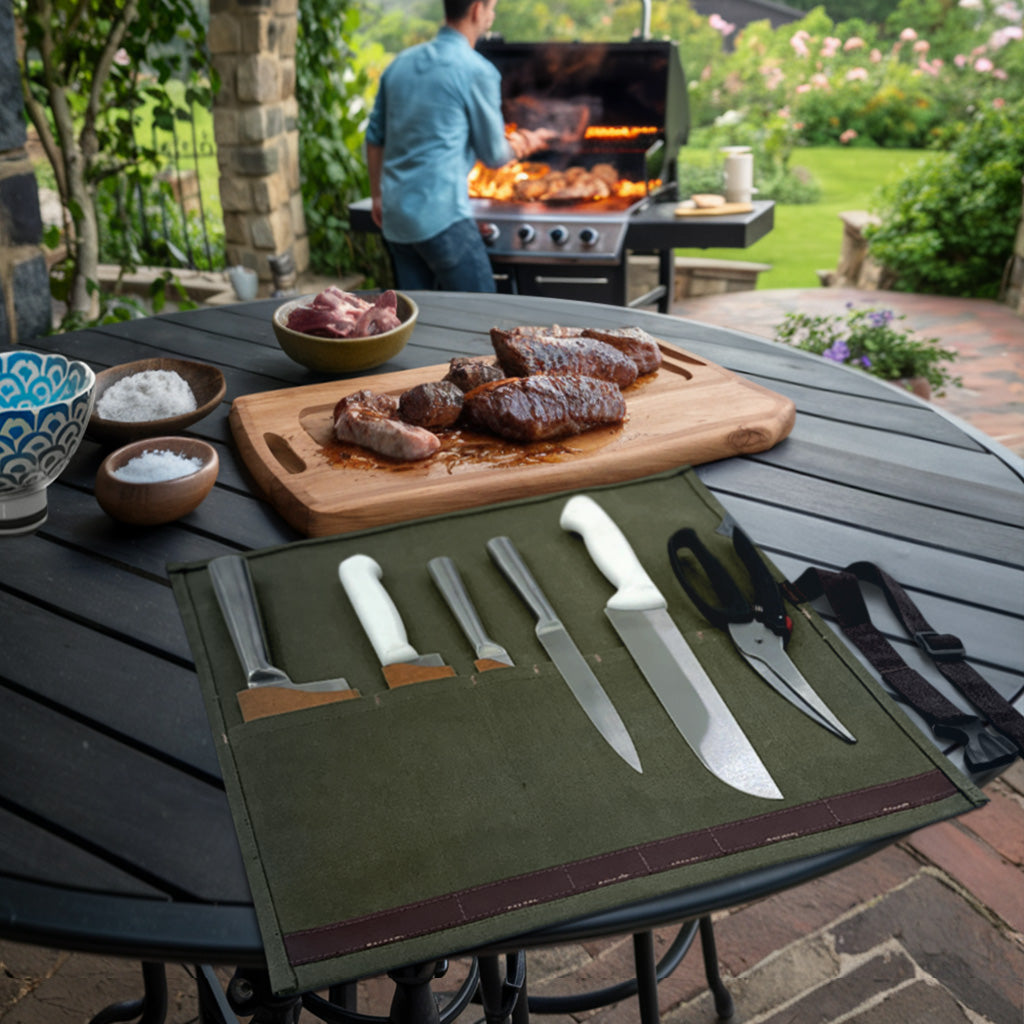 Estojo Porta Facas - 1, 2, 3, 4 ou 6 Bolsos - Bolsa Portátil em Lona Parafinada para Ferramentas de Cozinha, Utensílios, Case Rolo para Facas - Chefs, Grill, Churrasco -  Under NY Sky