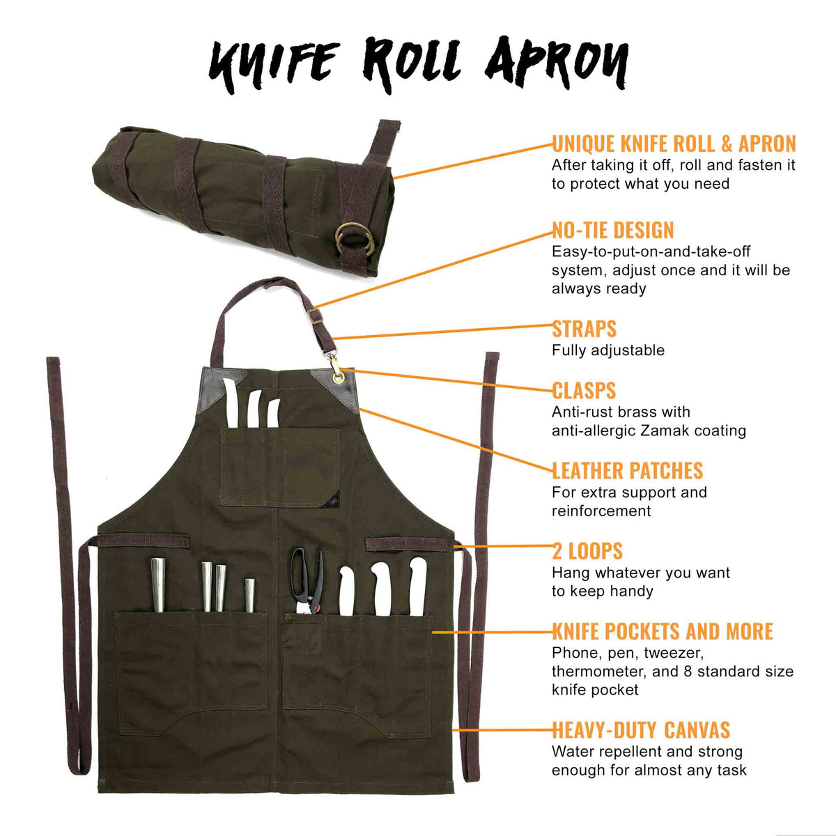 Utility Apron - Heavy-Duty Canvas, Folds into Knife Roll, Leather Trim - Chef, BBQ, Butcher - Under NY Sky 