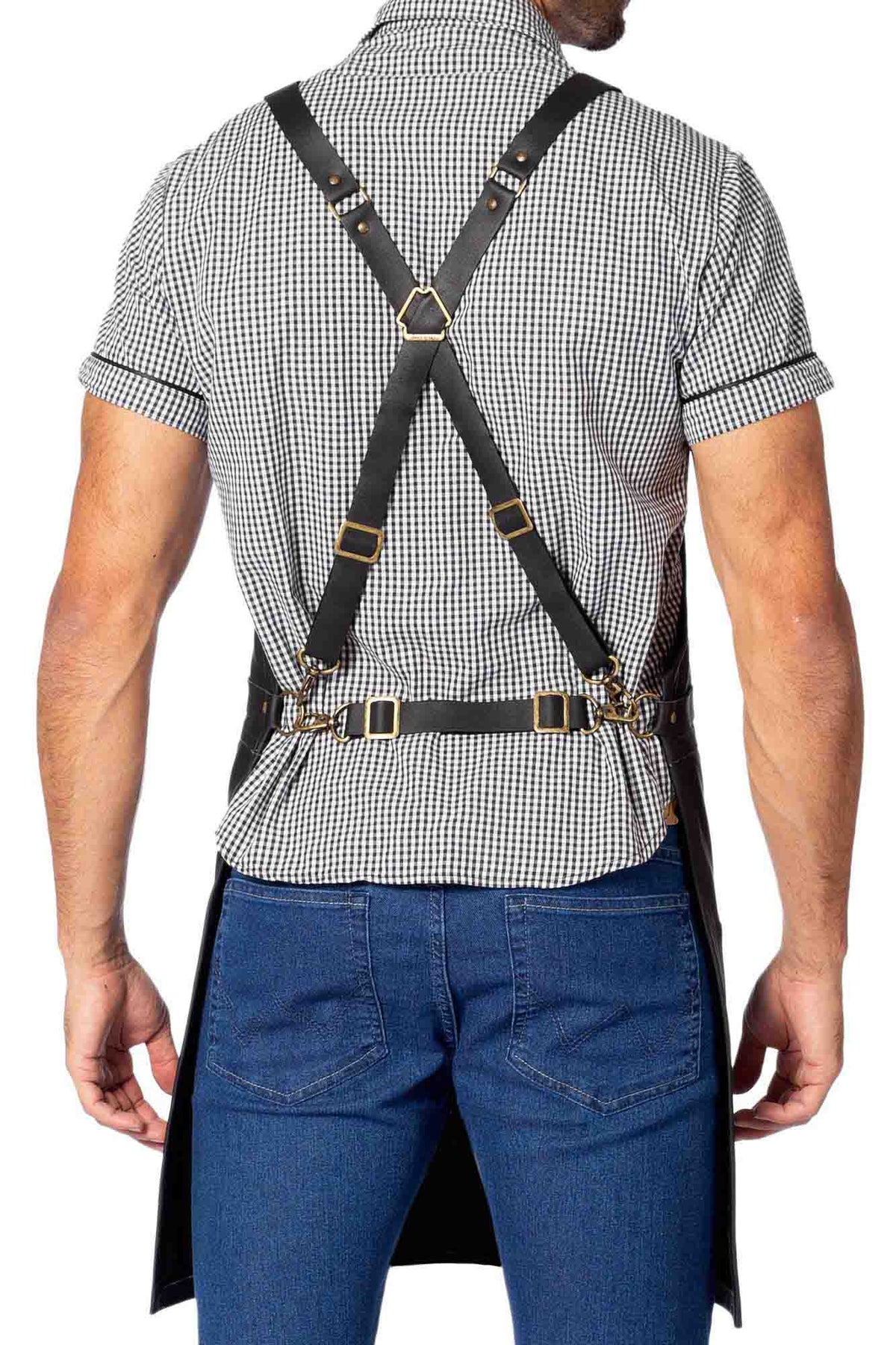 Leather Apron - Real Leather Body, Pockets &amp; Crossback Straps - Split-Leg, Riveted, Lined - Under NY Sky