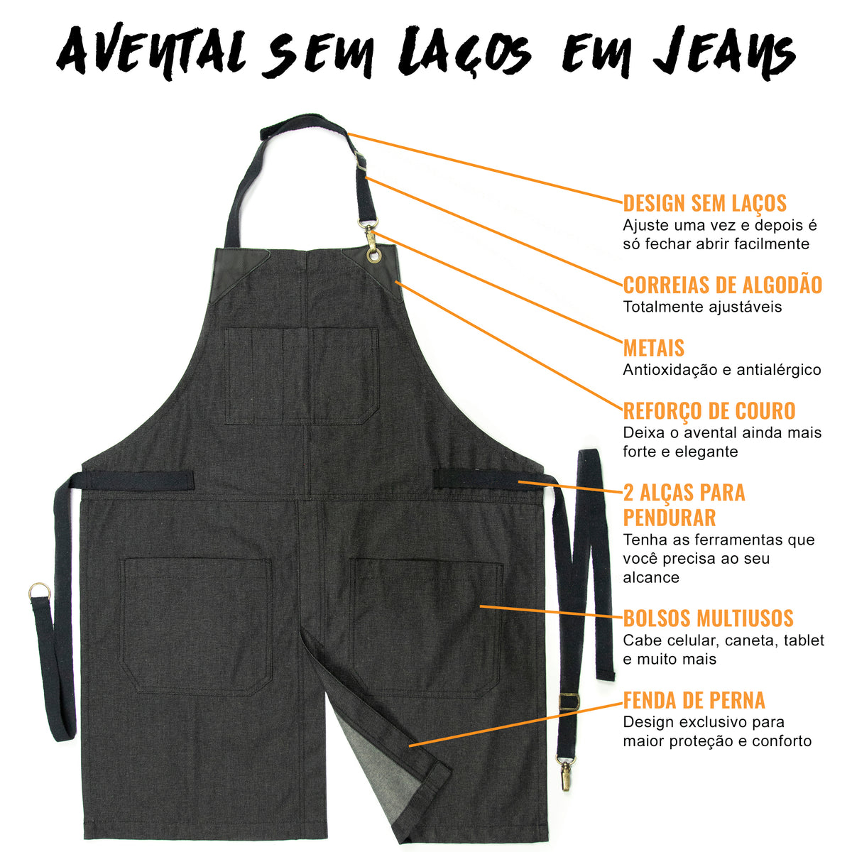 Avental Jeans - Sem Laço, Acabamento em Couro, Fenda na Perna- Chef, Bartender, Churrasco, Loja, Barbeiro, Salão - Under NY Sky