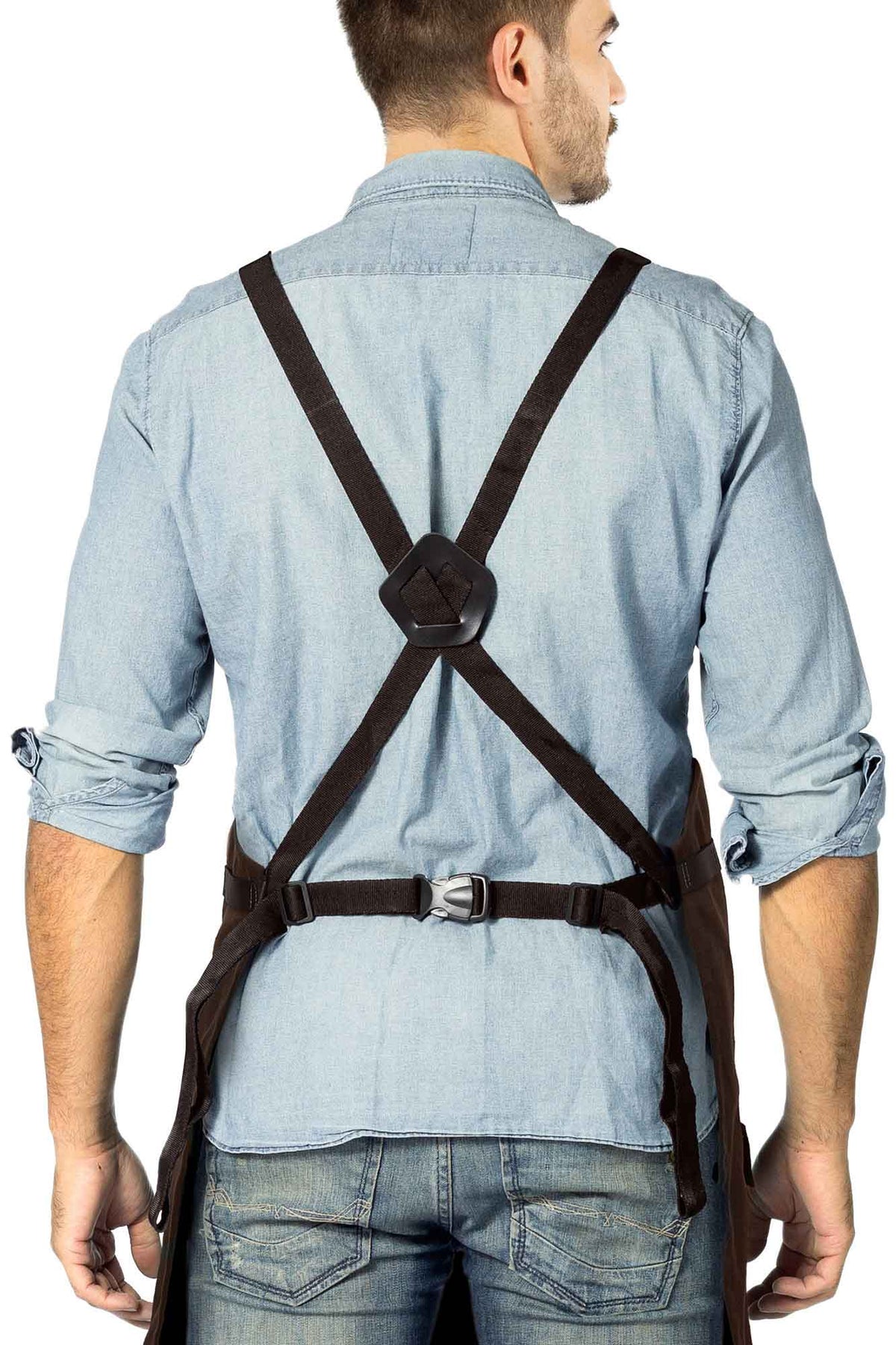 Woodwork Apron - 12 pockets &amp; loops, Waxed Canvas, Cross-Back, Leather Reinforcement - Carpenter, Workshop, Tool - Under Ny Sky