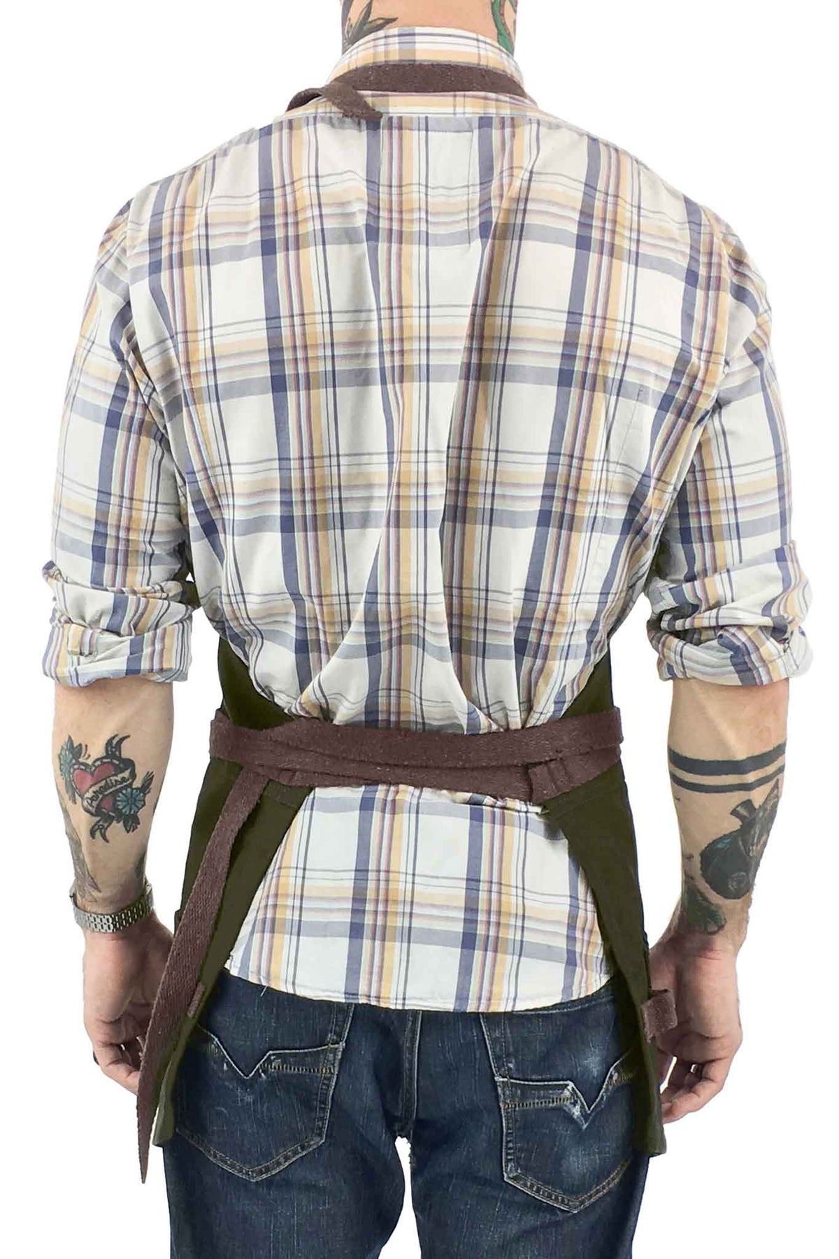 Tool Apron - 12 Pockets, Heavy-Duty Waxed Canvas, Leather Trim, NoTie - Woodwork, Garden, Shop - Under NY Sky