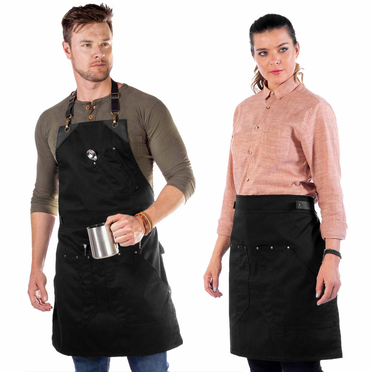 Barista Apron - Leather Straps &amp; Loops - Double Stitched  - Chef, Cook, Barista, Bartender - Under NY Sky