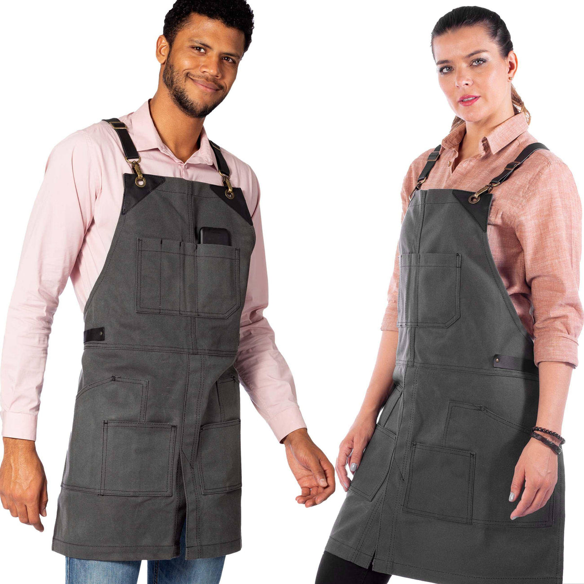 Leather Straps Apron - Denim or Waxed Canvas, CrossBack, Easy-Fastening - Carpenter, Shop, Work - Under NY Sky