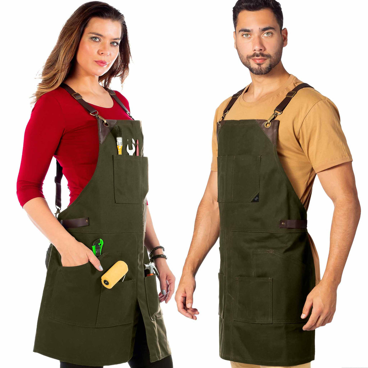 Leather Straps Apron - Denim or Waxed Canvas, CrossBack, Easy-Fastening - Carpenter, Shop, Work - Under NY Sky