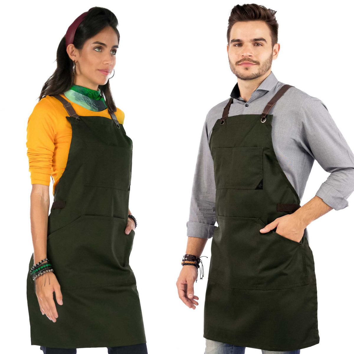 Work Apron - Professional Denim &amp; Twill, Leather Trim, CrossBack, Chef, Bartender, Shop, Server - Under NY Sky