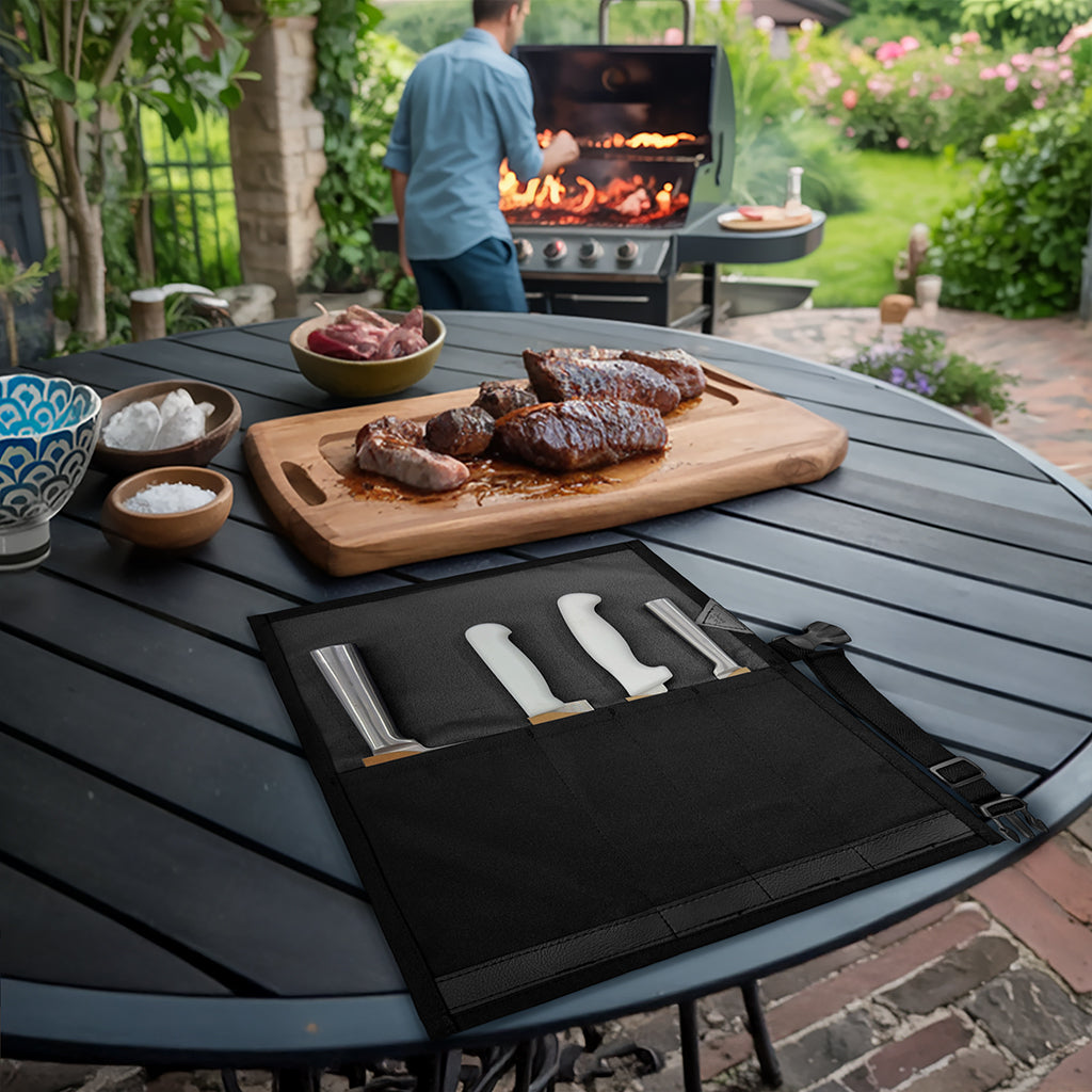 Estojo Porta Faca - 1, 2, 3, 4 ou 6 Bolsos - Bolsa Portátil em Lona Oxford Resistente para Ferramentas de Cozinha, Utensílios, Case Rolo para Facas - Chef, Grill, Churrasco -  Under NY Sky