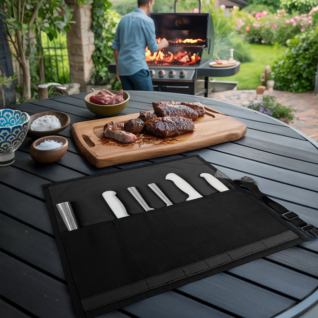 Estojo Porta Faca - 1, 2, 3, 4 ou 6 Bolsos - Bolsa Portátil em Lona Oxford Resistente para Ferramentas de Cozinha, Utensílios, Case Rolo para Facas - Chef, Grill, Churrasco -  Under NY Sky