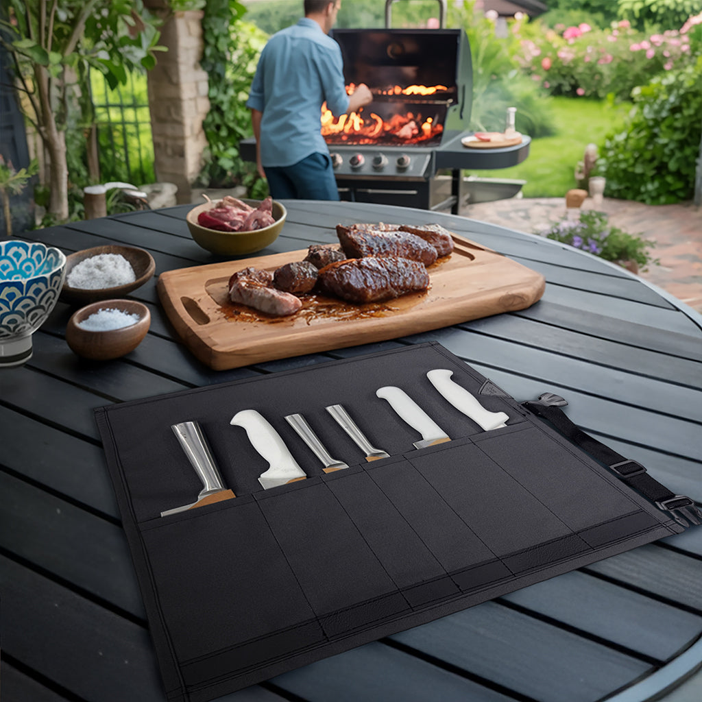 Estojo Porta Faca - 1, 2, 3, 4 ou 6 Bolsos - Bolsa Portátil em Lona Oxford Resistente para Ferramentas de Cozinha, Utensílios, Case Rolo para Facas - Chef, Grill, Churrasco -  Under NY Sky