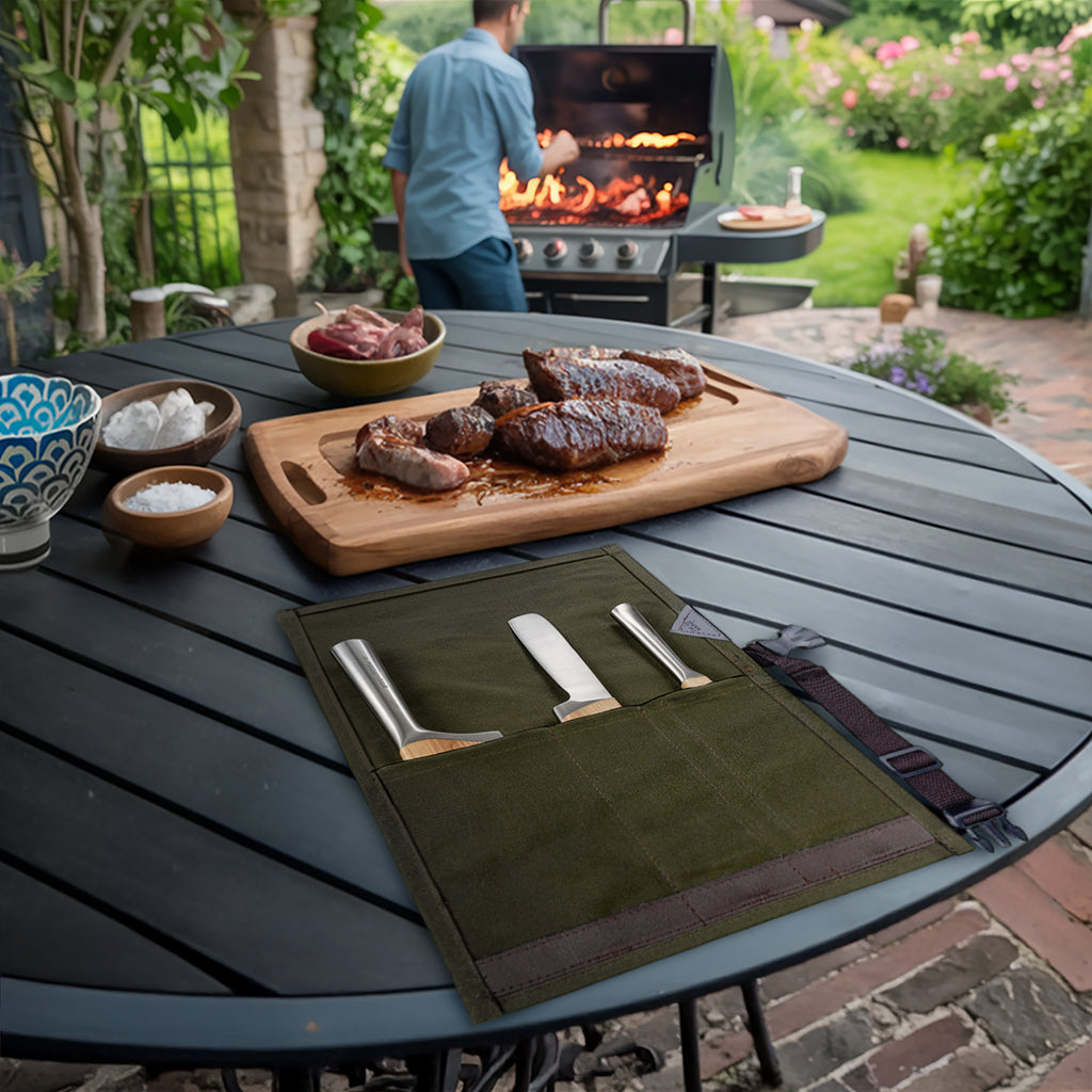 Estojo Porta Facas - 1, 2, 3, 4 ou 6 Bolsos - Bolsa Portátil em Lona Parafinada para Ferramentas de Cozinha, Utensílios, Case Rolo para Facas - Chefs, Grill, Churrasco -  Under NY Sky