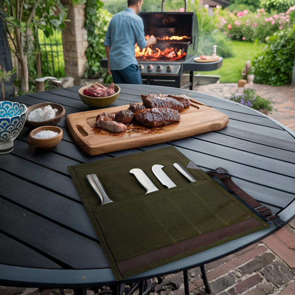 Estojo Porta Facas - 1, 2, 3, 4 ou 6 Bolsos - Bolsa Portátil em Lona Parafinada para Ferramentas de Cozinha, Utensílios, Case Rolo para Facas - Chefs, Grill, Churrasco -  Under NY Sky