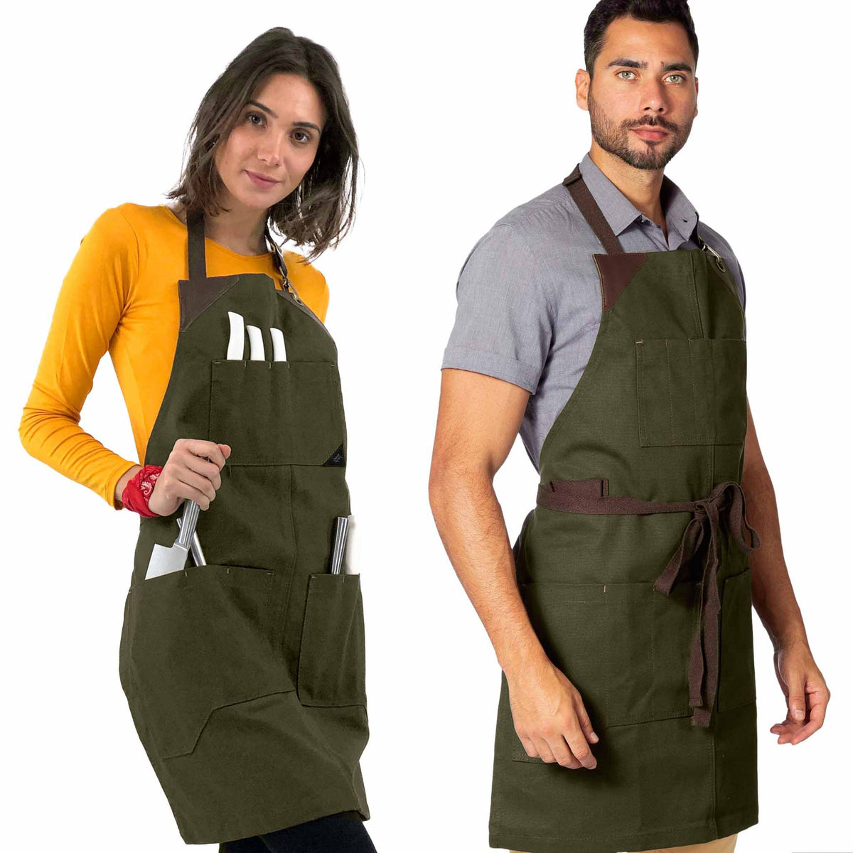 Utility Apron - Heavy-Duty Canvas, Folds into Knife Roll, Leather Trim - Chef, BBQ, Butcher - Under NY Sky 