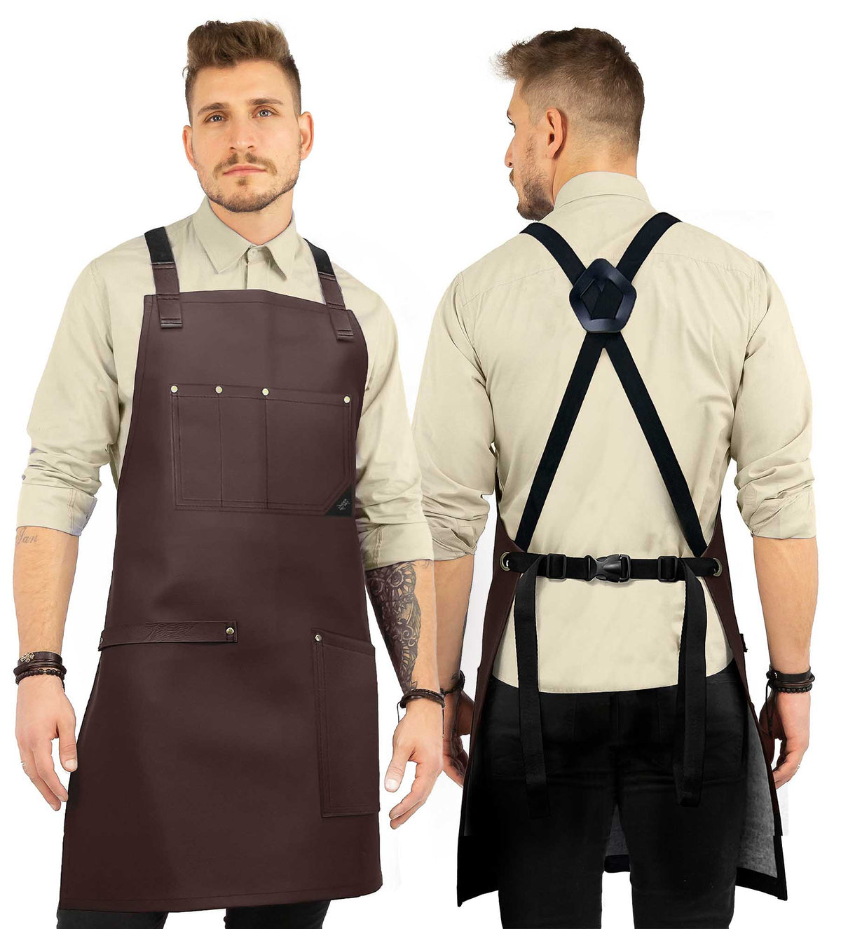 Leather Apron, Cross-back Straps, Reinforced, for Barbers - Vegan Leather - Black or Brown -  Under NY Sky