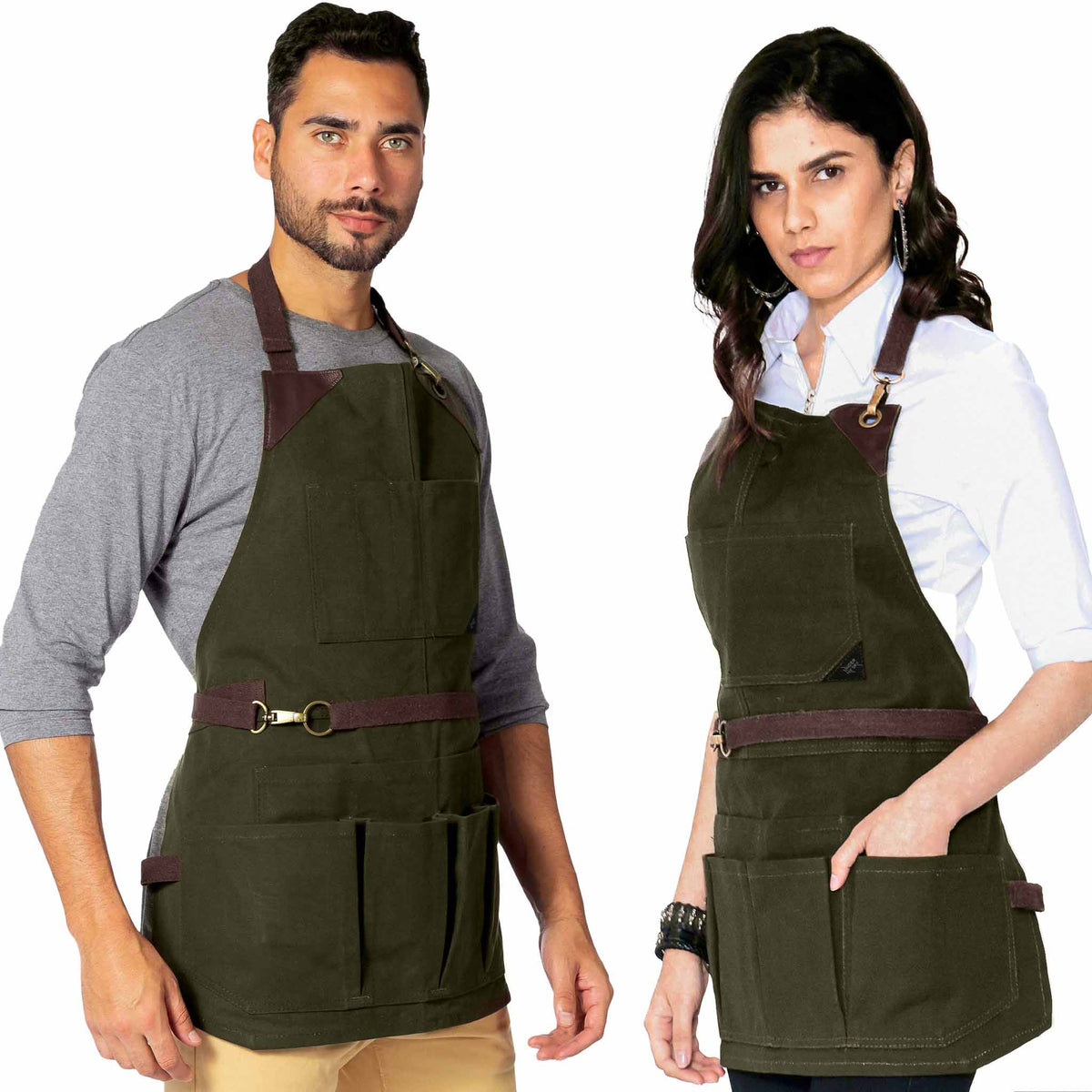 Tool Apron - 12 Pockets, Heavy-Duty Waxed Canvas, Leather Trim, NoTie - Woodwork, Garden, Shop - Under NY Sky