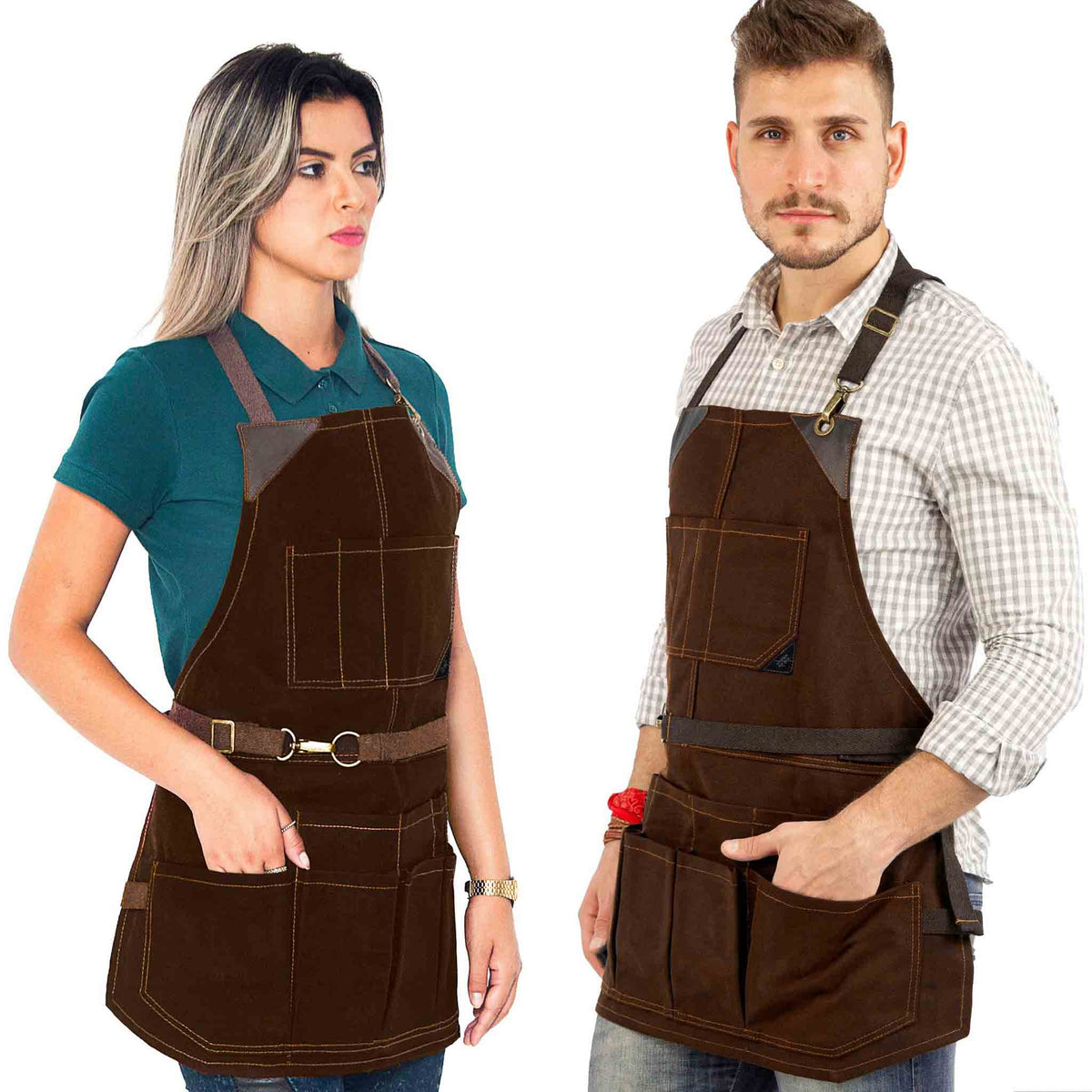 Tool Apron - 12 Pockets, Heavy-Duty Waxed Canvas, Leather Trim, NoTie - Woodwork, Garden, Shop - Under NY Sky