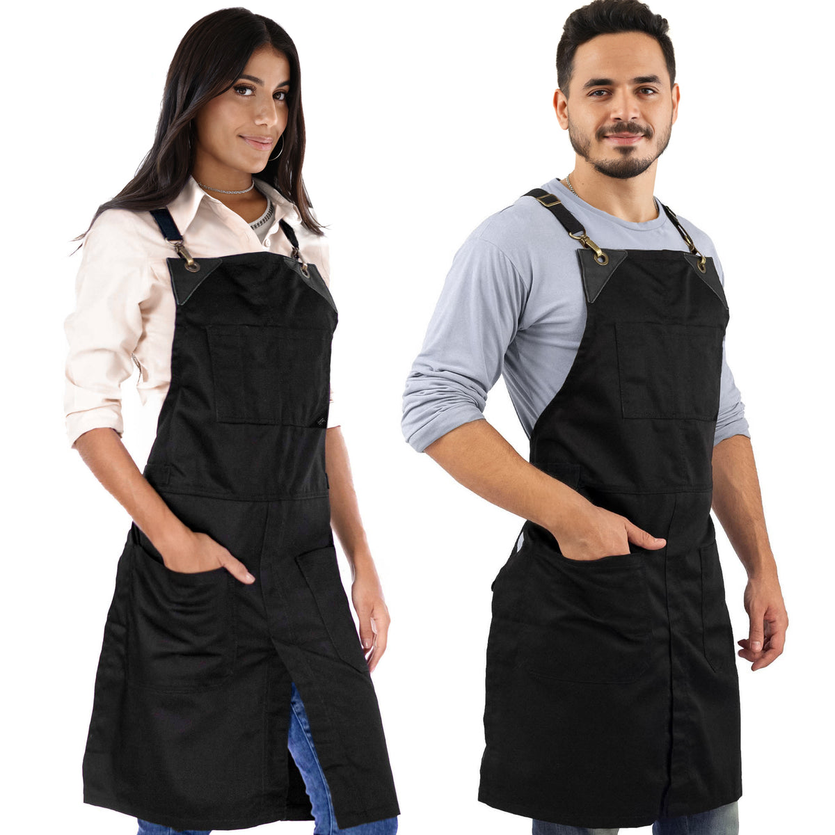 Aventais para Chef – Alças Cruzadas, Acabamento em Couro, Fenda de Perna – Chef, Bartender, Churrasco, Loja, Barbeiro, Salão - Under NY Sky