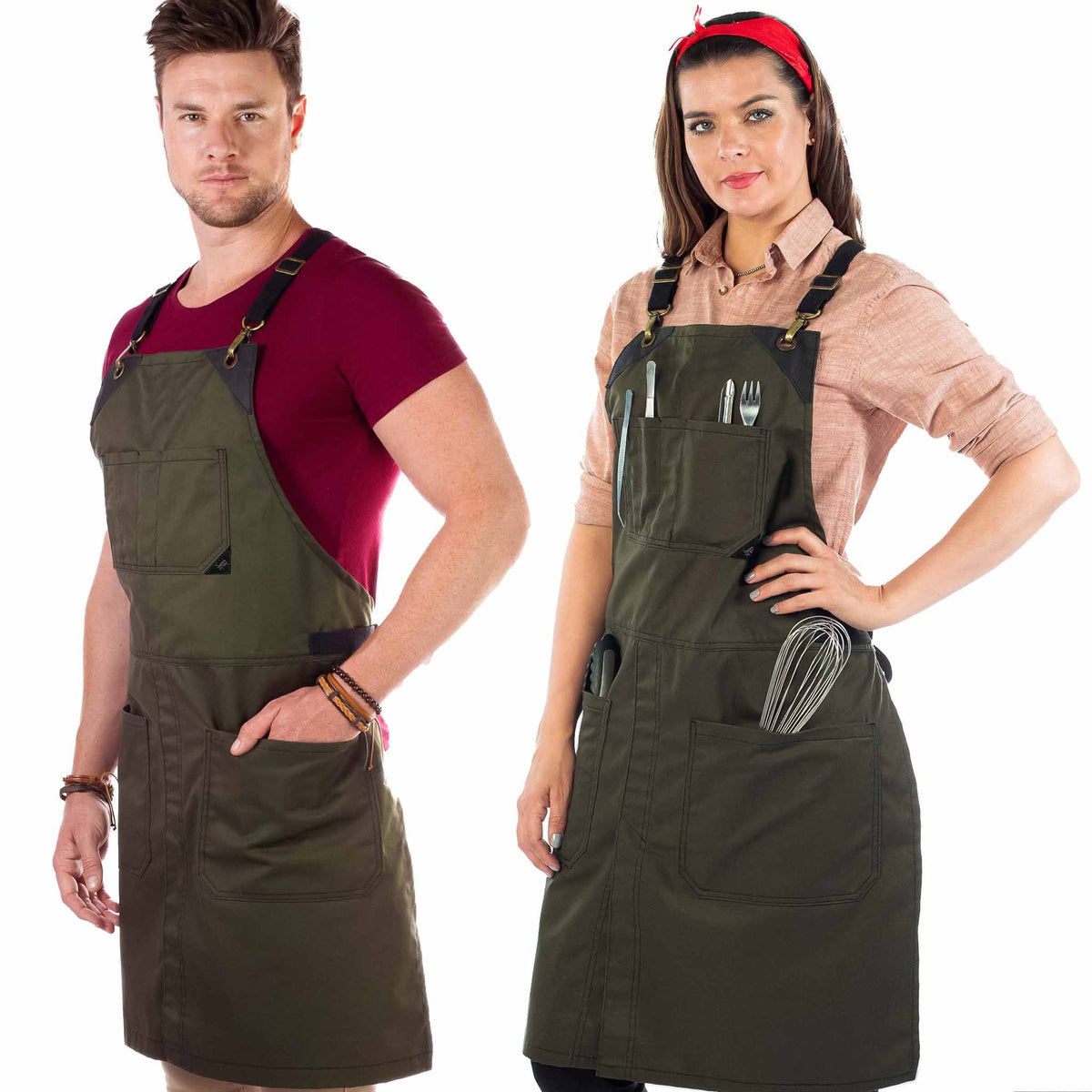 Chef Aprons - CrossBack, Leather Trim, Split - Chef, Bartender, BBQ, Shop, Barber, Salon - Under NY Sky