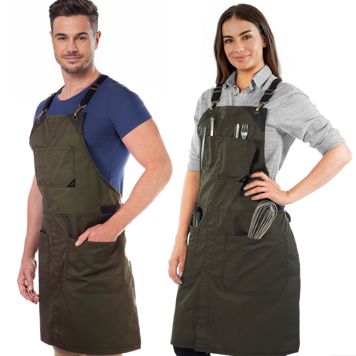 Aventais para Chef – Alças Cruzadas, Acabamento em Couro, Fenda de Perna – Chef, Bartender, Churrasco, Loja, Barbeiro, Salão - Under NY Sky