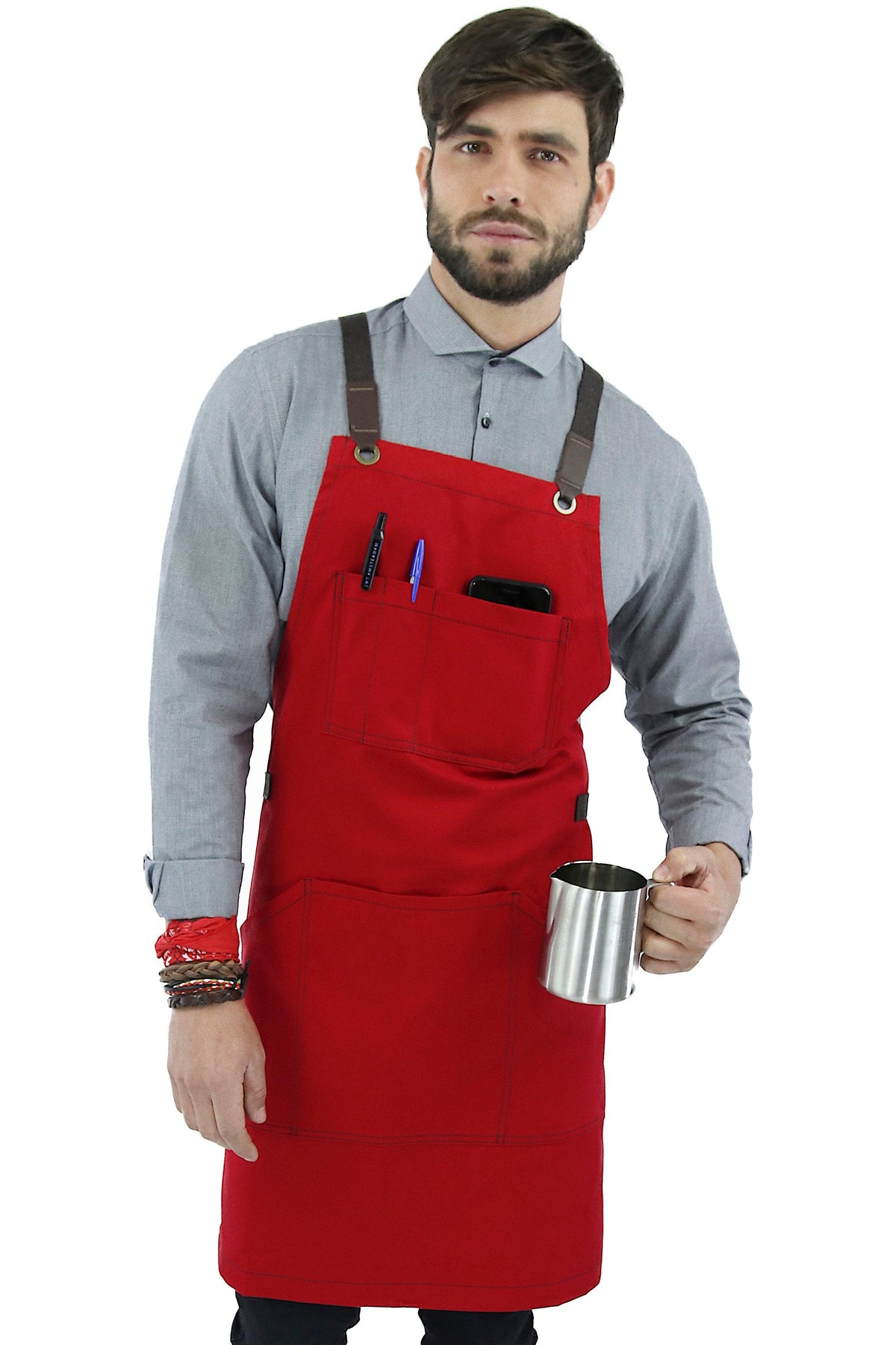 Work Apron - Professional Denim &amp; Twill, Leather Trim, CrossBack, Chef, Bartender, Shop, Server - Under NY Sky