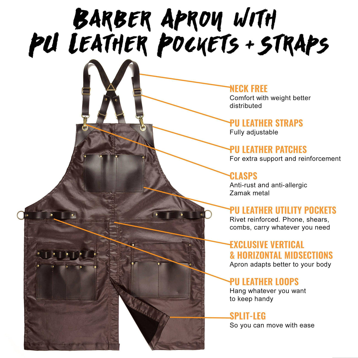 Barber Apron - Leather Straps, Pockets, Loops &amp; Reinforcements - Crossback - Water Resistant - Under NY Sky