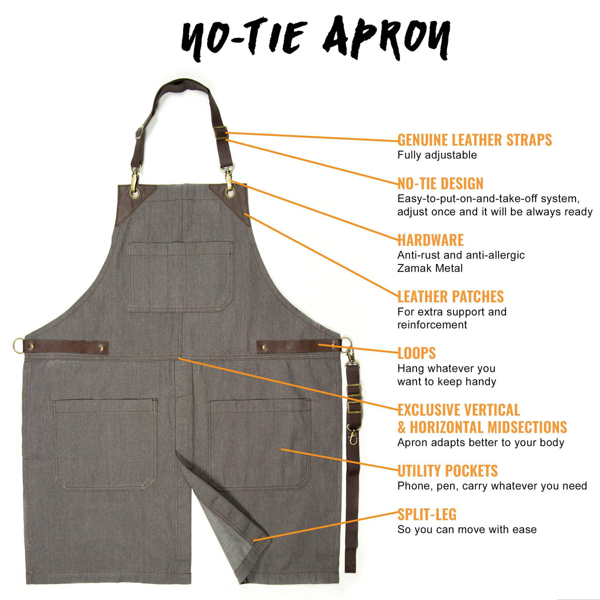 Leather Straps Apron - Twill - Easy-Fastening No-Tie - Chef, Bartender, Shop, Barista - Under NY Sky